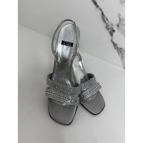vintage Stuart Weitzman Rockstar silver rhinestone slingback heels Y2K Sz 7.5 - Picture 2 of 8